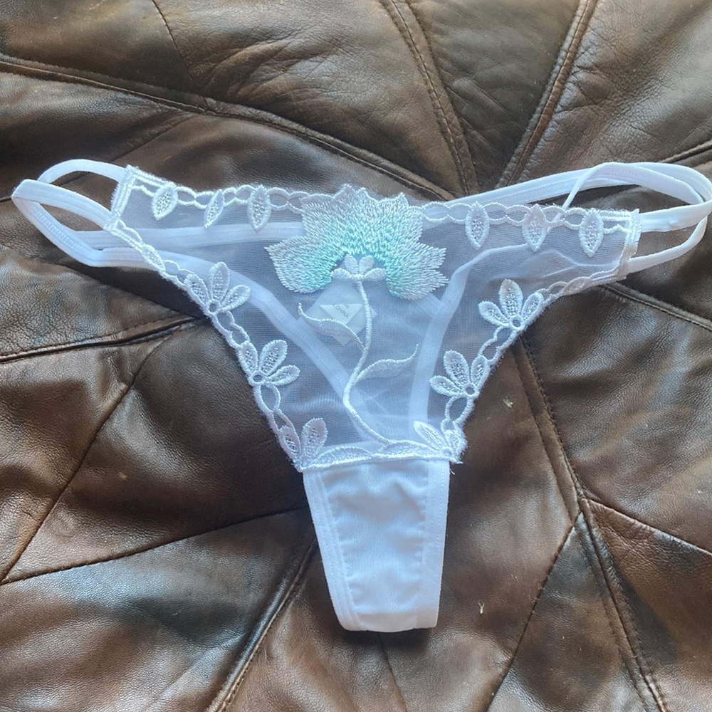 White sexy xs thong g string here with embroidery flower